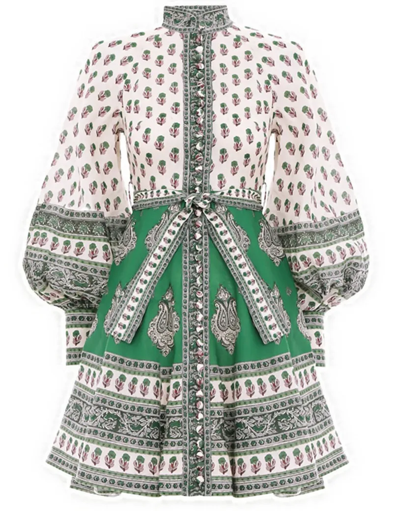 Summer Dress 2019 Runway Elegant Slim Women O Neck Lantern Sleeve High Waist Vintage Mini Dresses (1)