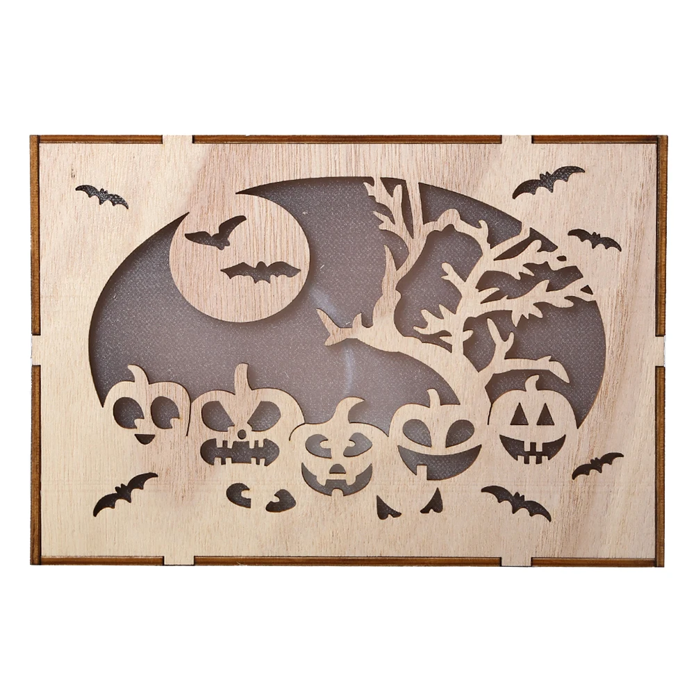 

1pc Wooden LED Light Halloween Bat Pumpkin Hollow Square Wooden Lamp Hanging Decor Party Home Halloween Festival Ornament