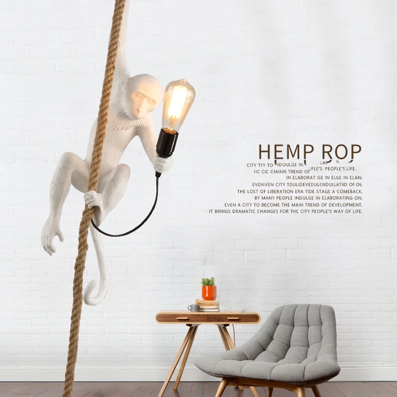 

Modern creative design Resin Monkey Loft Vintage Hemp Rope Pendant Lights for Home Lighting Bar Cafe Retro Hanging Pendant lamp