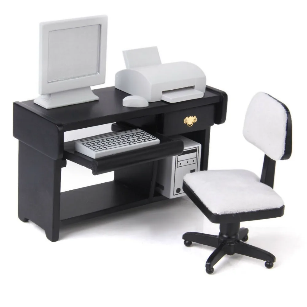 

Computer Set 1:12 Dollhouse Miniature Furniture 6PCS Wood Desk Chair Keyboard Printer Computer Host WL014