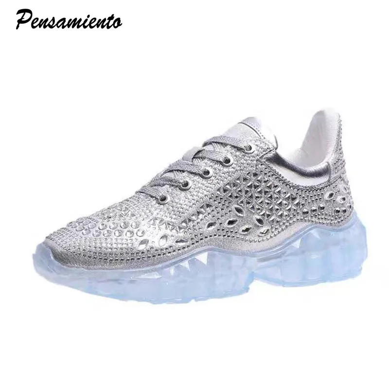 

New 2019 Crystal Sneakers Women Transparent Sole Platform Flats shoes Spring Autumn Rhinestones Bling Chunky Dad Sneakers shoes