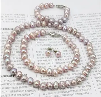 

Women Gift Freshwater Purpel pearl necklace sets clasp 7-8mm necklace 18"bracelet 7.5" Eearring women jewelry