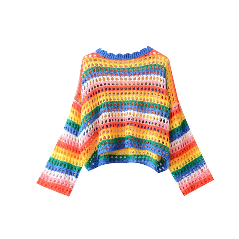 Hollow out sweaters color stripes knitted long sleeved female loose casual bottoming shirt o-neck pullovers computer knitted Sweaters
