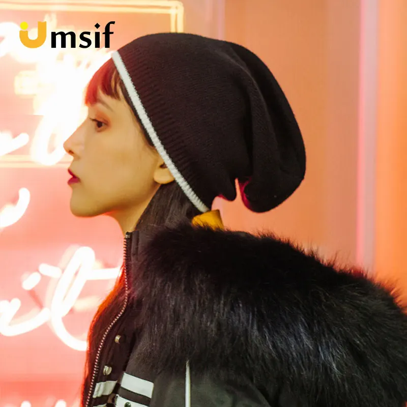 

Women Rabbit Fur Knitted Beanies Hat 2018 New Winter Solid Color Thick Warm Hats For Women Black Skullies Beanies Female Caps