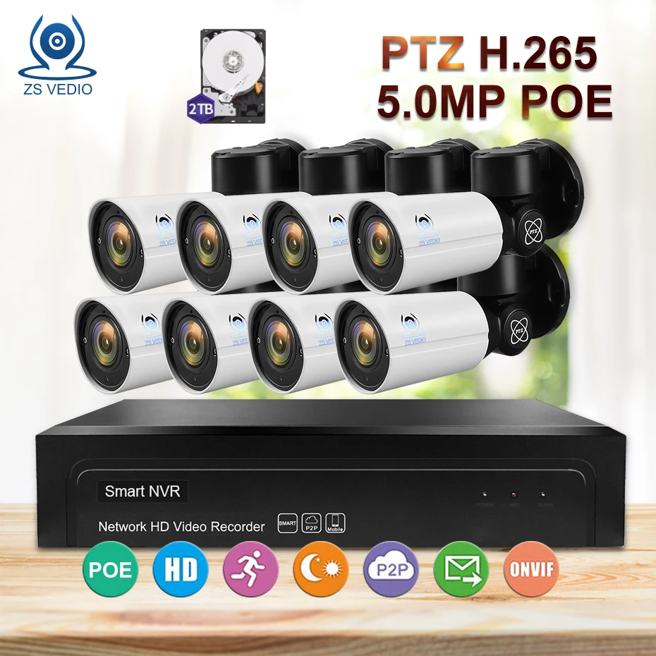 ZSVEDIO наблюдения 8CH H.265 PTZ 5.0MP POE 4X зум NVR комплект видеонаблюдения Системы IP Камера