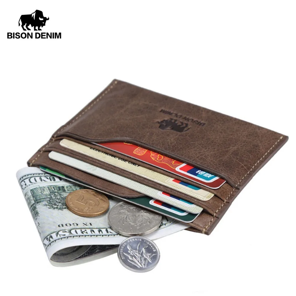 BISON DENIM Leather Men Wallets Cowhide Coin Purse Small Credit&id Wallets Short Male Purse Business Card Holders W9315