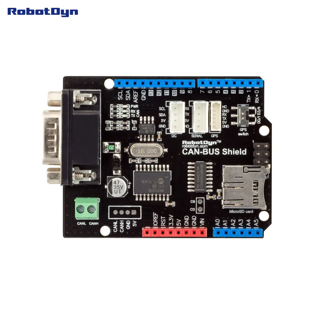 Щит CAN-BUS. Совместим с Arduino. MCP2515(CAN-контроллер) и MCP2551(CAN-трансивер). gps подключение. MicroSD-кард-ридер