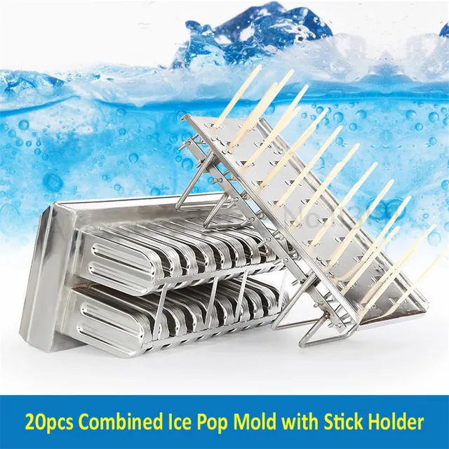 WICHEMI Stainless Steel Popsicle Molds Commercial Ice Pop Molds 20PCS Metal  Ice Lolly Popsicle Mold Ice Cream Maker Mold Stick Holder with Lid Single