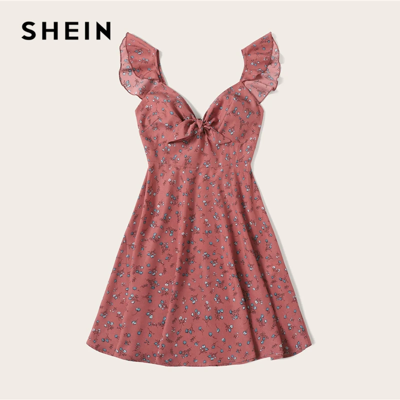 SHEIN, платье размера плюс с оборкой и узлом спереди, платье с цветочным рисунком,, женское летнее платье в стиле бохо, с высокой талией, ТРАПЕЦИЕВИДНОЕ, без рукавов, плюс короткие платья