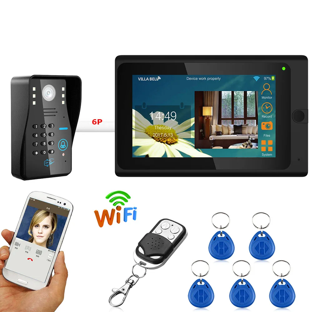 buy MOUNTAINONE 7inch Wired Wireless Wifi RFID Password Video Door Phone Doorbell Intercom with IR CUT 1000TVL Camera