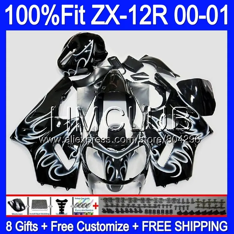 

Injection For KAWASAKI NINJA ZX1200 C ZX 12R 00 01 47HM.13 ZX 12 R 1200CC White flames ZX12R 00 01 ZX-12R 2000 2001 Fairing kit