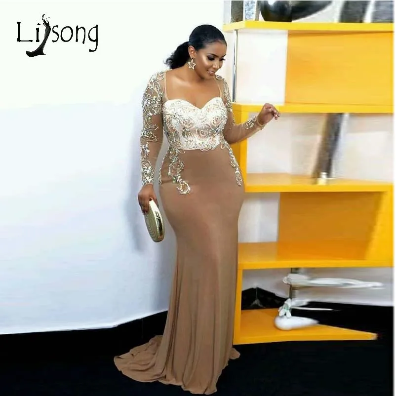 

2019 Elegant African Crystal Mermaid Evening Dresses 2019 See Thru Full Sleeves Beaded Prom Gowns Robe De Soiree