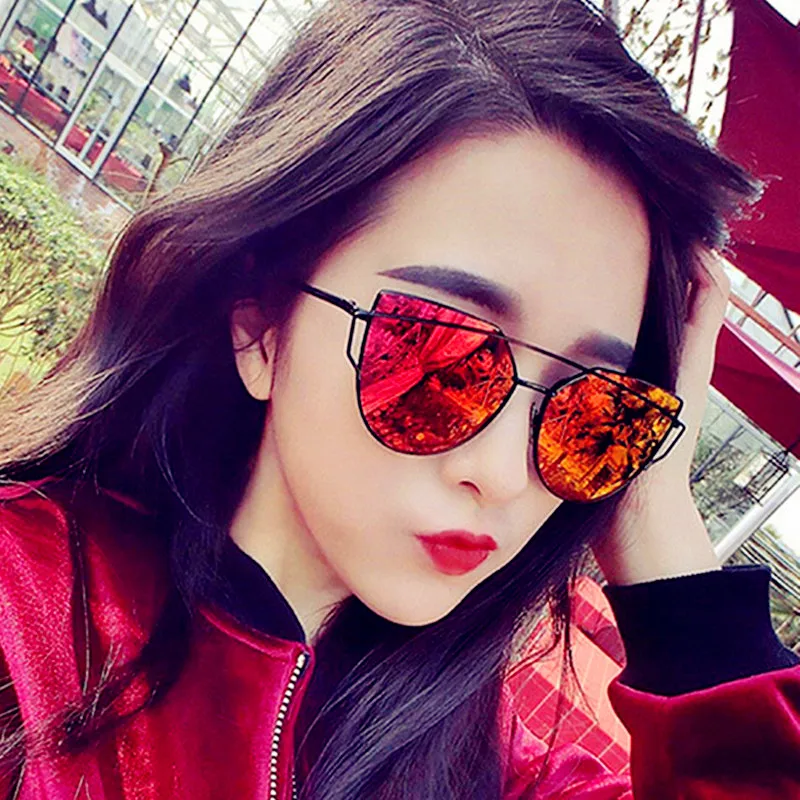 

CURTAIN Lunette Soleil Femme 2019 Brand Designer Cat Eye Sunglasses Women Vintage Metal Reflective Glasses Oculos De Sol Gafas