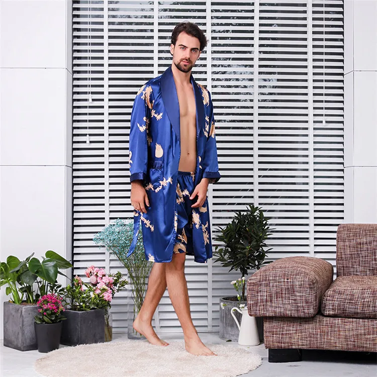 Для мужчин s Лето печати Fauxsilk халаты 2 шт. мужской банный халат 2019 пижамы халат летние длинные рукава Домашняя одежда для Ds5084