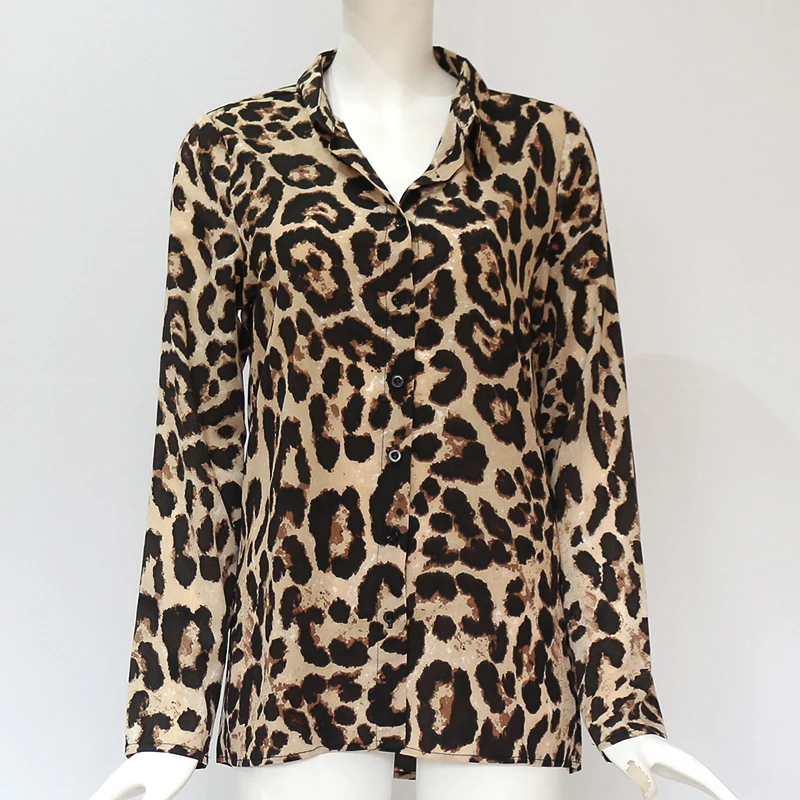 Женские блузки, сексуальная летняя леопардовая шифоновая блузка с длинным рукавом, отложной воротник, Женская Офисная рубашка, повседневные свободные топы