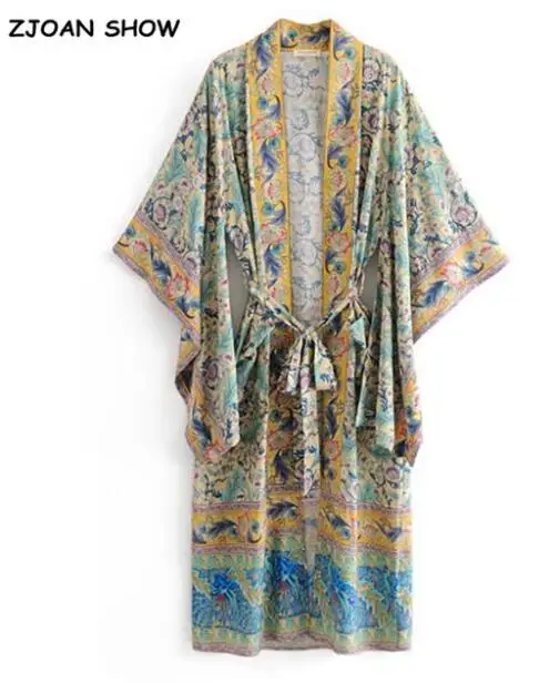 Женская длинная рубашка, длинное праздничное кимоно синего цвета с цветочным принтом «павлин» и V-образным вырезом, на поясе, кардиган свободного кроя