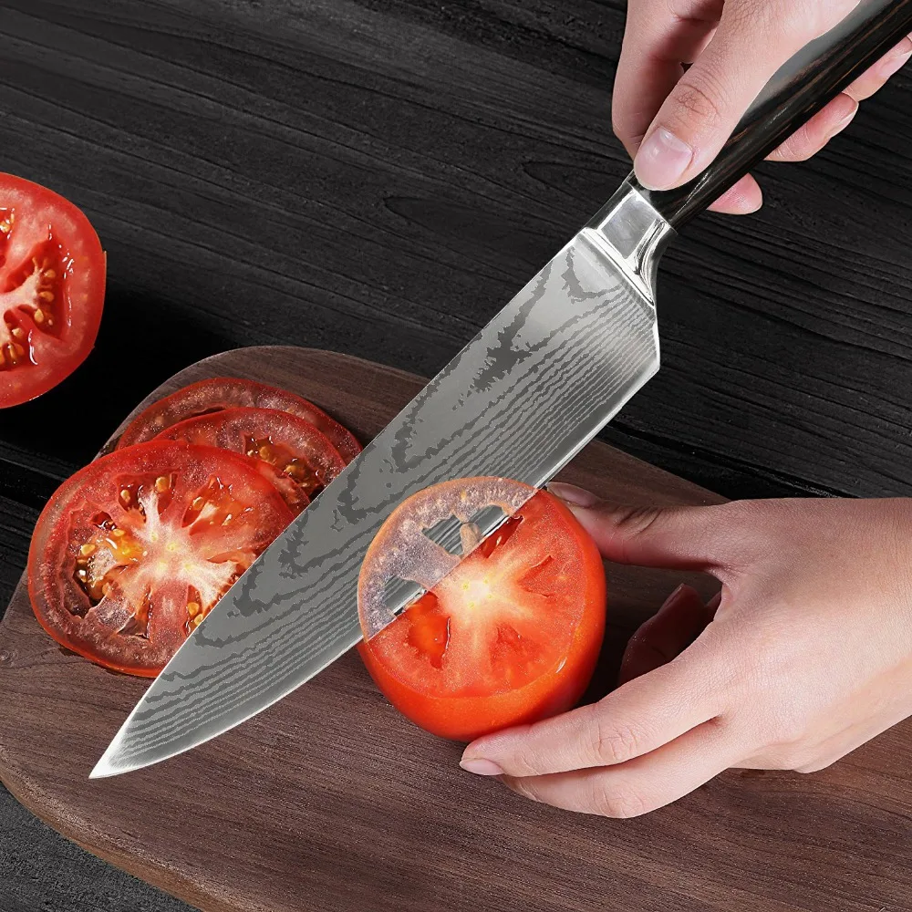 Kitchen knife Chef Knives Japanese 7CR17 440C High Carbon Stainless Steel Imitation Damascus Sanding Laser Knife Dropship