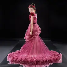 Королевское кружевное платье принцессы с открытой спиной, свадебное платье с цветочным узором для девочек платье для первого причастия с длинным шлейфом и бантом HW2404