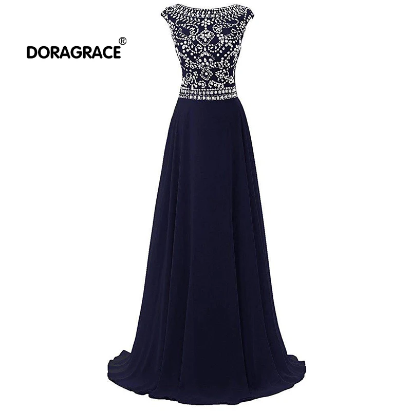 

Doragrace robe de soiree A-Line Floor-Length Backless Crystal Beaded Chiffon Long Evening Dress Red Prom Gowns