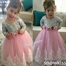Милый Bling блесток одежда с длинным рукавом Кружева цветок платья для девочек с бантом платье для дня рождения бальное платье на свадьбу