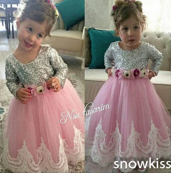 

Cute New Bling Sequin Long Sleeves Lace flower girl dresses with Bow baby Birthday Party Dress wedding occasion ball gowns