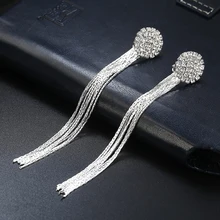 Роскошные серебряные серьги-клипсы, полная Длинная кисточка из горного хрусталя, ушные клипсы для женщин без пирсинга, Свадебные вечерние ювелирные изделия