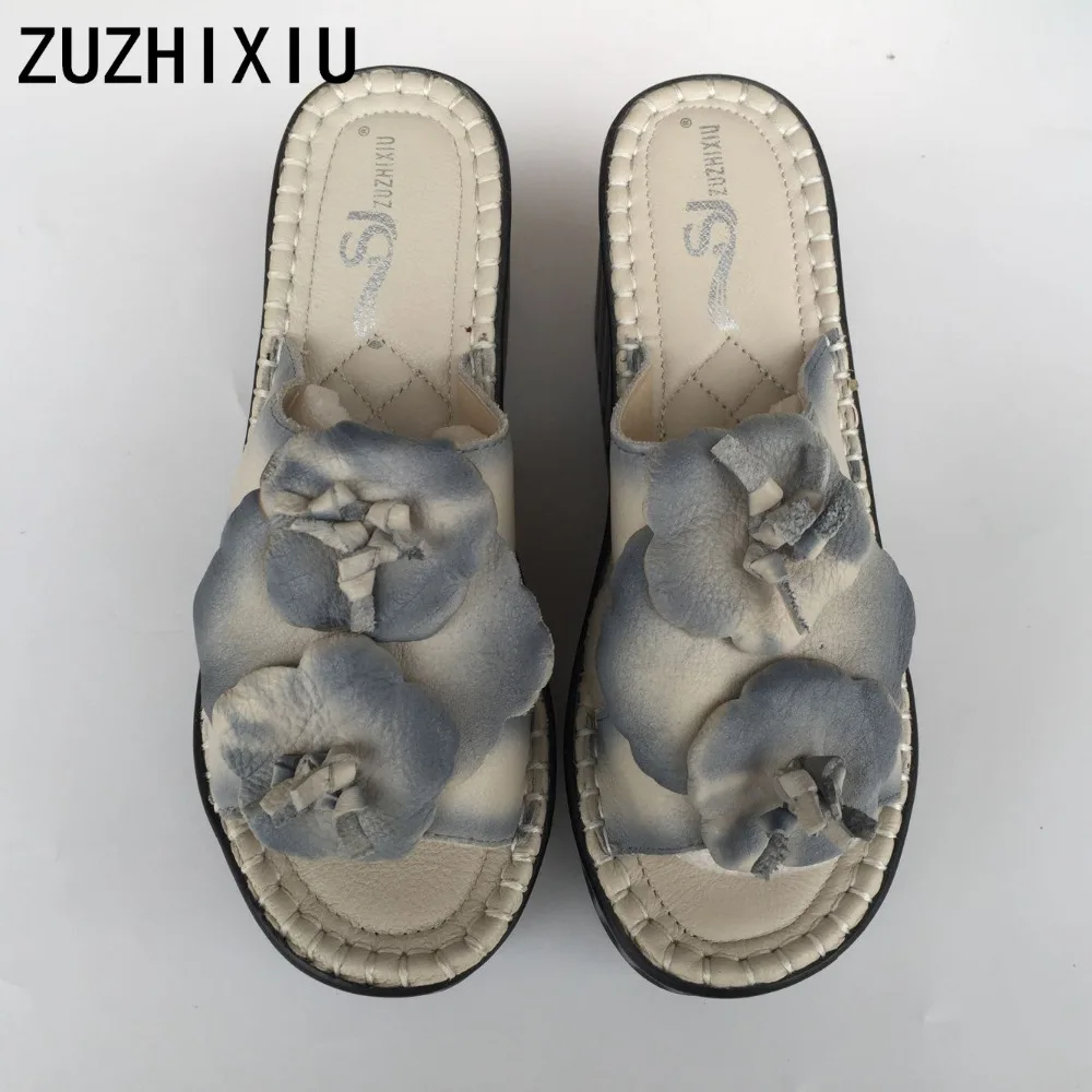 

ZUZHIXIU-New 2018 Spring/Summer,Genuine leather ethnic style sandals,Women high slope muffin thick soles slippers,3colors