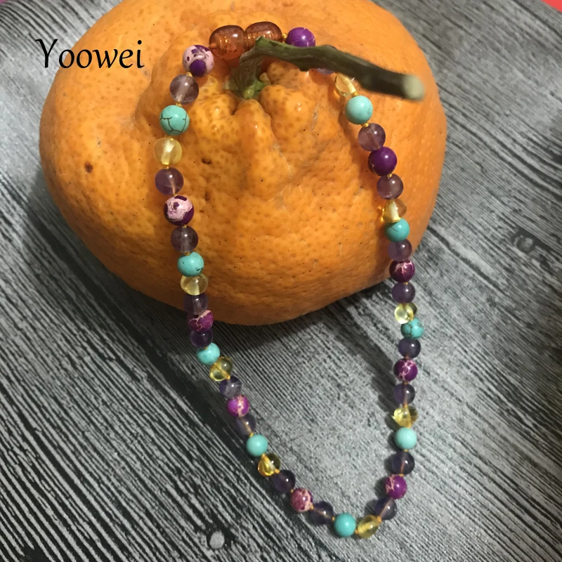 Yowei новое ожерелье из натурального янтаря/браслет для детей и взрослых, натуральные драгоценные камни, лазурит, розовый кварц, ювелирное изделие из приморского янтаря