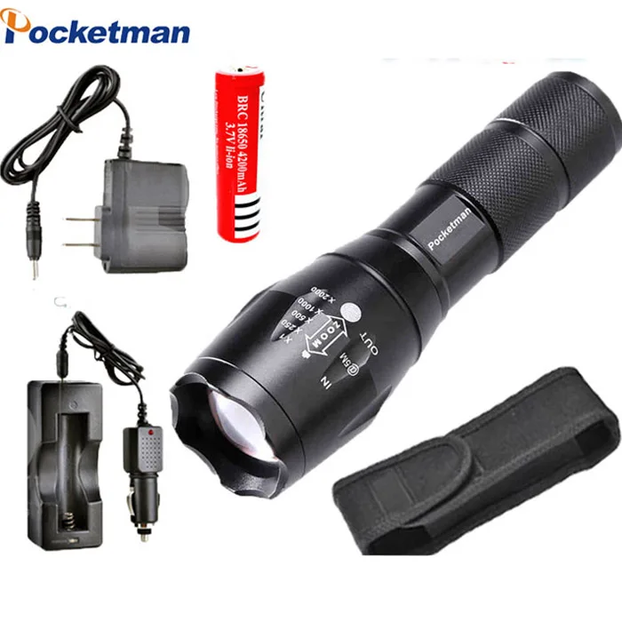 

XML-T6 3800lm Led Flashlight Zoomable Led Torch 1Set Car Charger+Battery Charger+1*18650 Rechargeable Battery + Holster pouch
