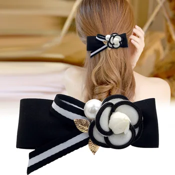 

High-grade Flower Bowknot Ponytail Clip Headdress Pearl Gold Leaf Black Polyester Barrette Female Jewelry Women Hair Accessories