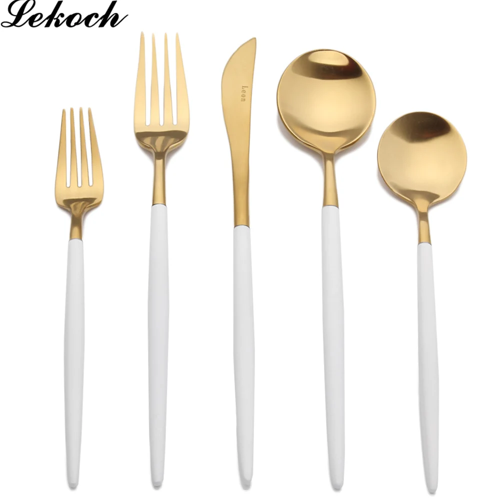 

Lekoch 5PCS Dinnerware Set Dinner Scoop Fork Knife And Dessert Scoop Fork 5 Pieces Cutlery Set Stainless Steel Tableware Kits