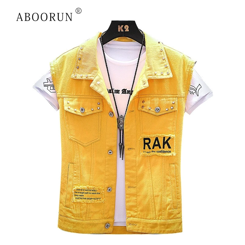 

ABOORUN Men's Punk Denim Vest Fashion Rivets Printed Jeans Waistcoat Slim fit Sleeveless Jackets for Male R320