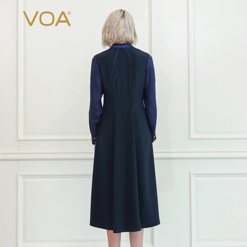 VOA темно-синие голубые бриллианты пуговицы тяжелый шелк осень длинный рукав элегантное платье рубашка роскошная женская одежда офисные женские платья A10075