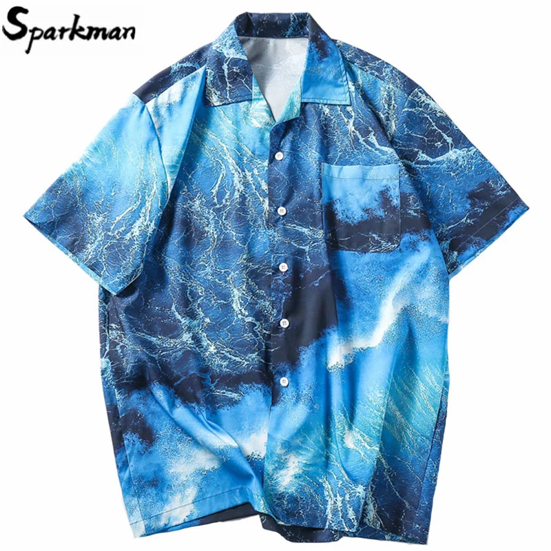 

Summer 2019 Hip Hop Shirts Streetwear Mens Hawaiian Shirt Blue Ocean Wave Harajuku Beach Shirt HipHop Shirt Tops Short Sleeve