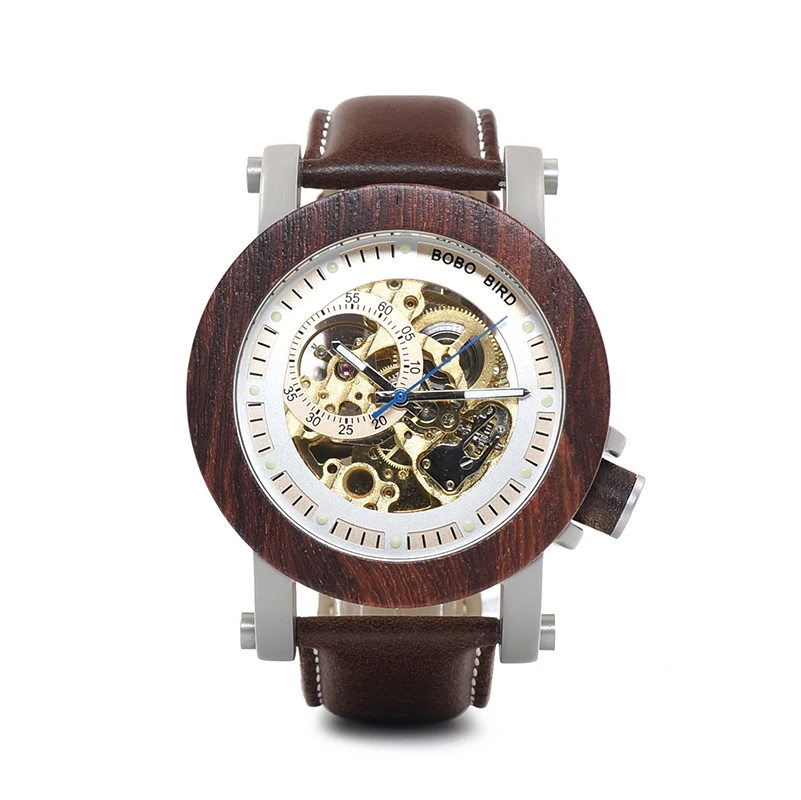 

BOBO BIRD L-K12 Mechanical Watch Vintage Red Sandalwood Watch Luxury Men's Fashion Real Leather Strap Casual Montre Homme