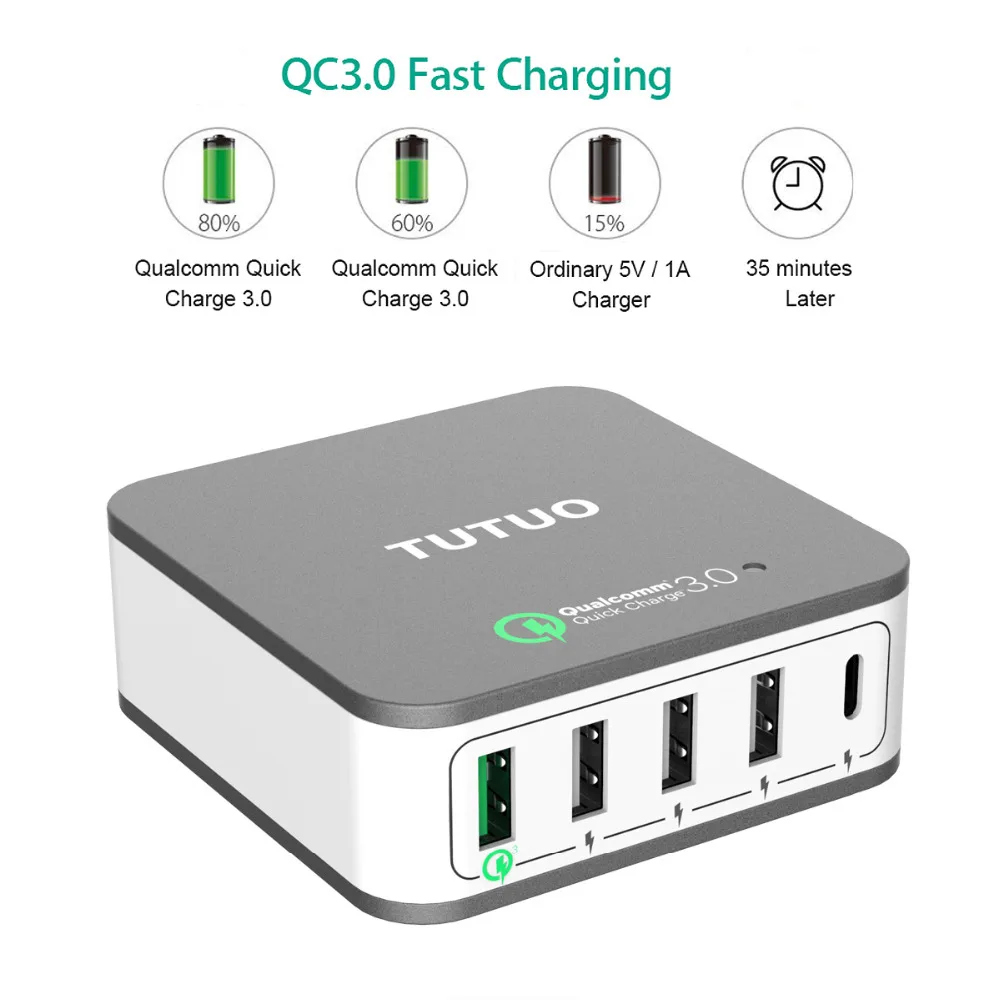 TUTUO Quick Charge 3,0 Тип-c 40 Вт 5-Порты и разъёмы быстрый USB Зарядное устройство штепсельная вилка американского стандарта быстрой зарядки мобильного телефона Зарядное устройство для Xiaomi Meizi iPhone samsung