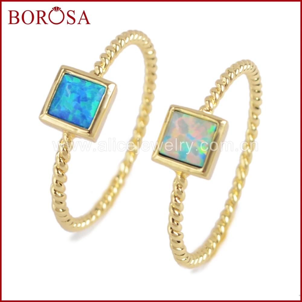 

BOROSA 10PCS Fashion Gold Bezel Square Japanese Opal Gems Rings White/Blue Man-made Opal Ring for Women Druzy Jewelry ZG0240