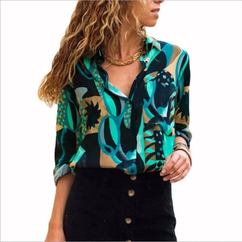 

Women Blouses 2019 New Geometric printing Long Sleeve Turn Down Collar Office Shirt Loose Casual Tops Blouses Shirt