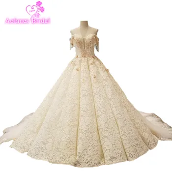 

2018 Luxury Arabic Champagne Lace Wedding Dresses Sleeveless Sweetheart Cathedral Train Ball Gown Vestido De Noiva Bridal Gowns