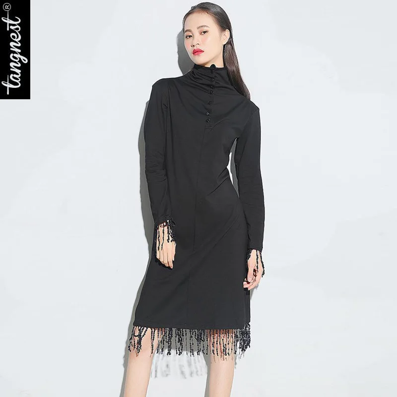 TANGNEST Women Dress 2017 Мода Весна Платья Тонкий Блестками Длиной До Колен Полный Рукав