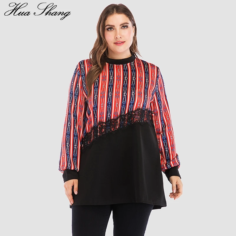 

Tunic Ladies Tops Plus Size Women Summer O Neck Long Sleeve Striped Print Lace Patchwork Casual Blouse Loose Oversized Blouse