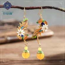 

Ethnic Golden Phoenix Dangle Earring Vintage Sea Shell Flower Oil Drop Phoenix Bohemian Semi-precious Dangle Earrings EZ-180001