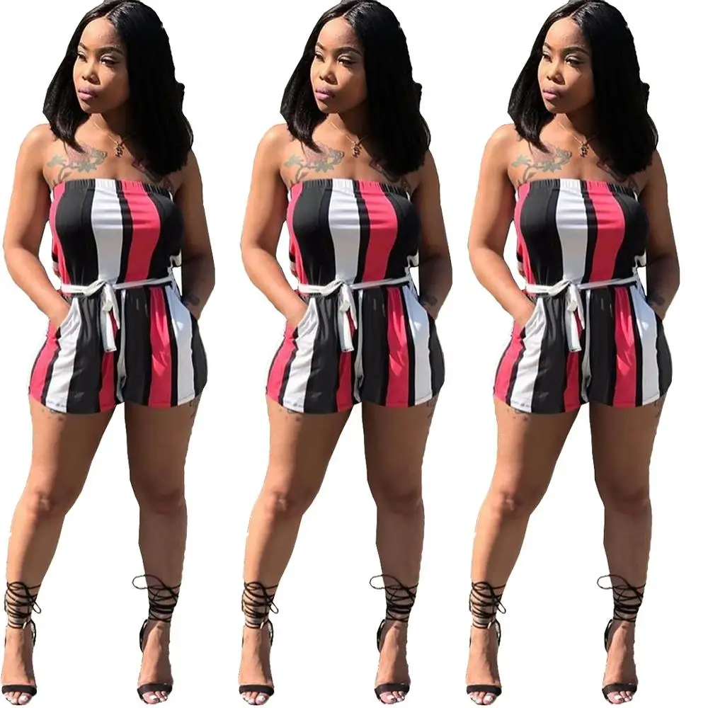 

2019 New Women Strapless Colorful Stripes With Sashes Playsuit Summer Beach Bohemian Casual Short Jumpsuit Outfit Romper Overall