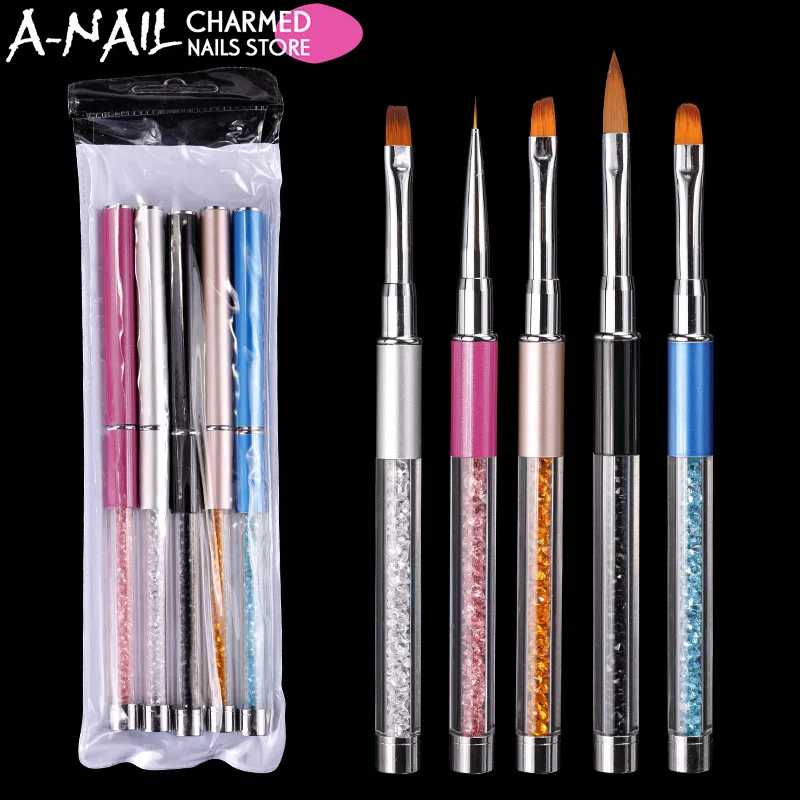 5pcs/set Nail Art Brush Pen Rhinestone Diamond Metal Acrylic Handle
