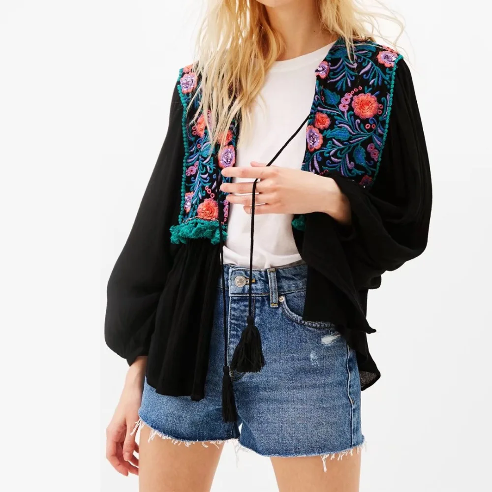Floral Embroidered Sequin Boho Jacket Cardigan Summer Batwing Sleeve