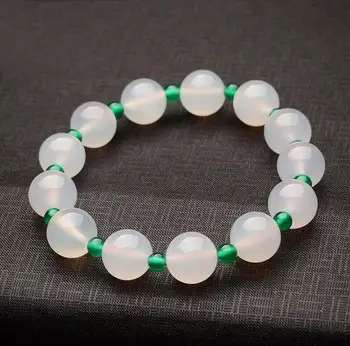 

fine jewelry 100% Natural White / green Chalcedony Beads Elastic Line Bracelet Men Women's Bracelet