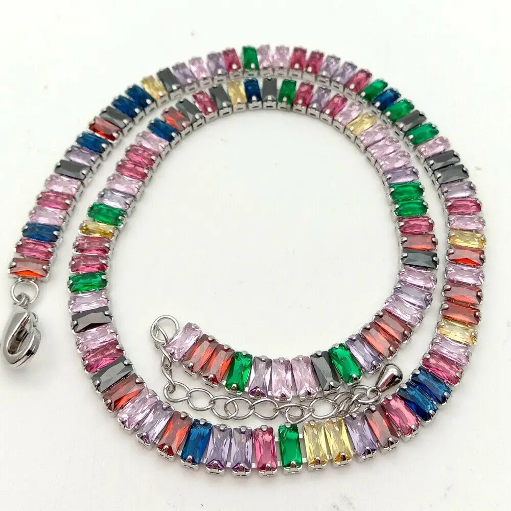 

White golden Plated Multi Color Rectangle Cubic Zircon adjust chain Necklace