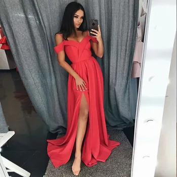 

Graceful Red Satin Long Prom Gowns Off The Shoulder Spaghetti Straps Full Length Side Split Light Sky Blue Red Women Party Dress