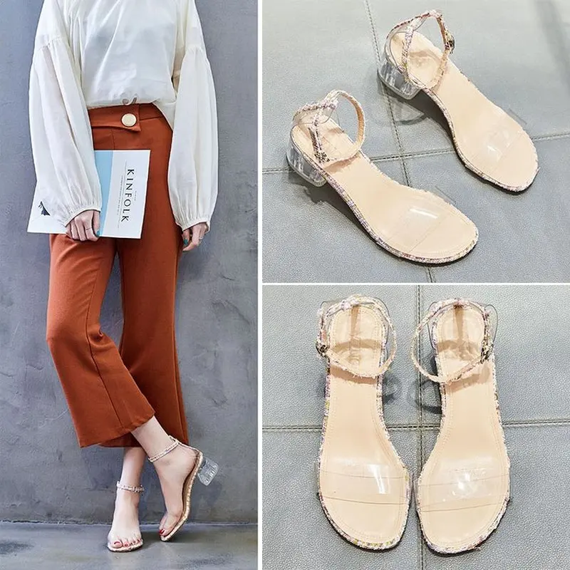 

Liren 2019 Summer Fashion Casual Lady Buckle Sandals Transparent High Square Heels Round Open Toe Women Comfortable Sandals