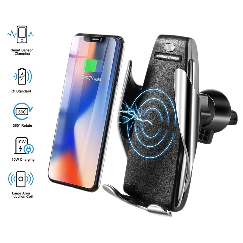 

Automatic Clamping Fast Charging 10W Wireless Car Charger Phone Holder 360 Degree Mount Car for IPhone Samsung All Smart Phone